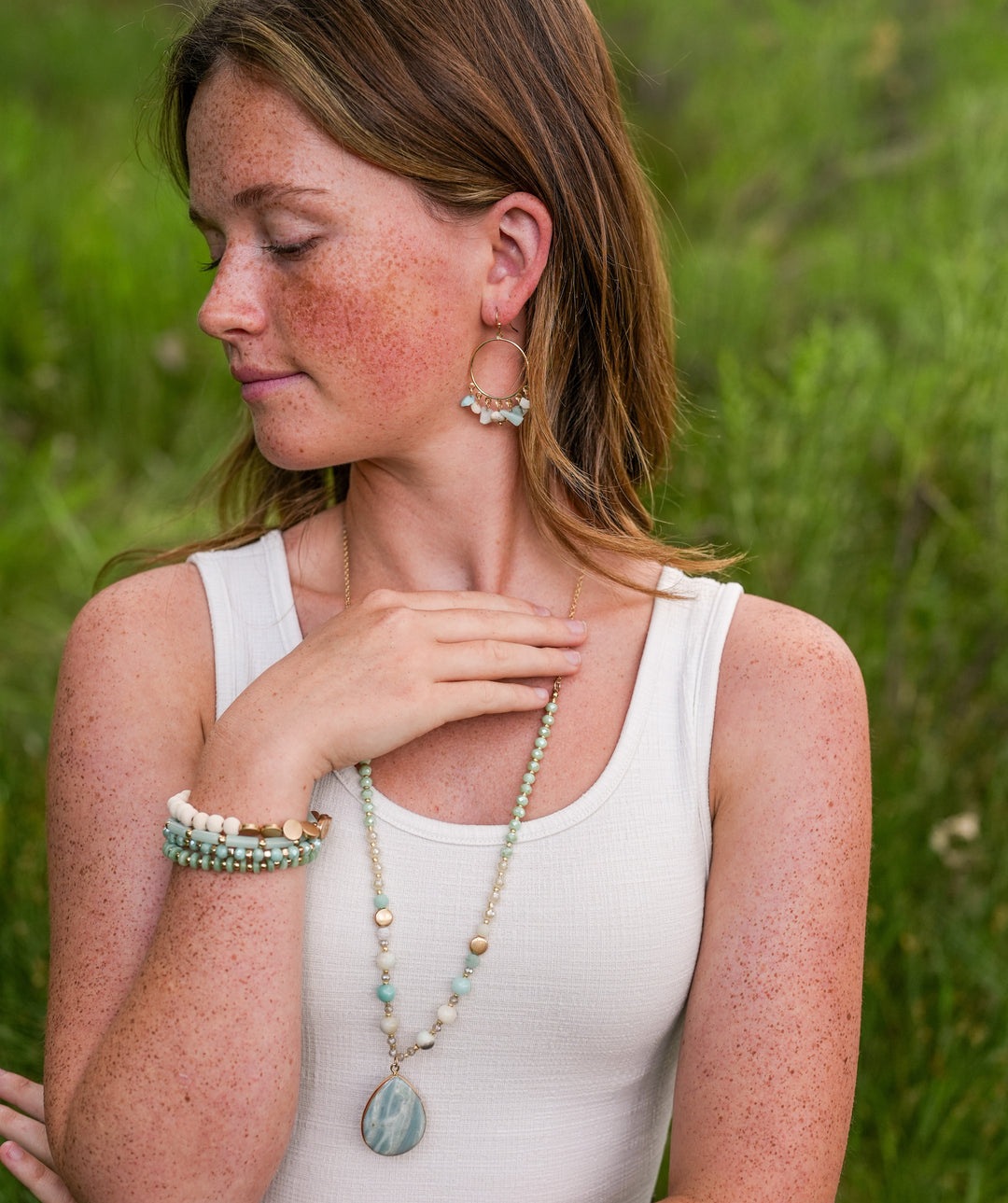 Long Beaded Necklace with Stone Teardrop Pendant - Turquoise-Wyo-Horse
