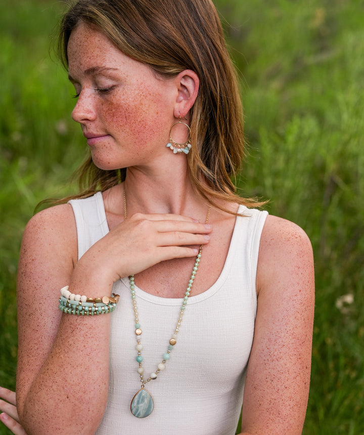 Long Beaded Necklace with Stone Teardrop Pendant - Turquoise-Wyo-Horse