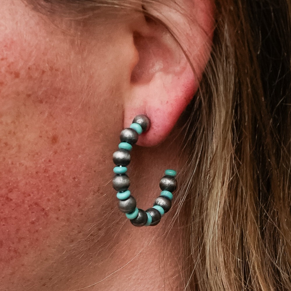 Navajo Pearl & Bead Hoop Earrings - Turquoise