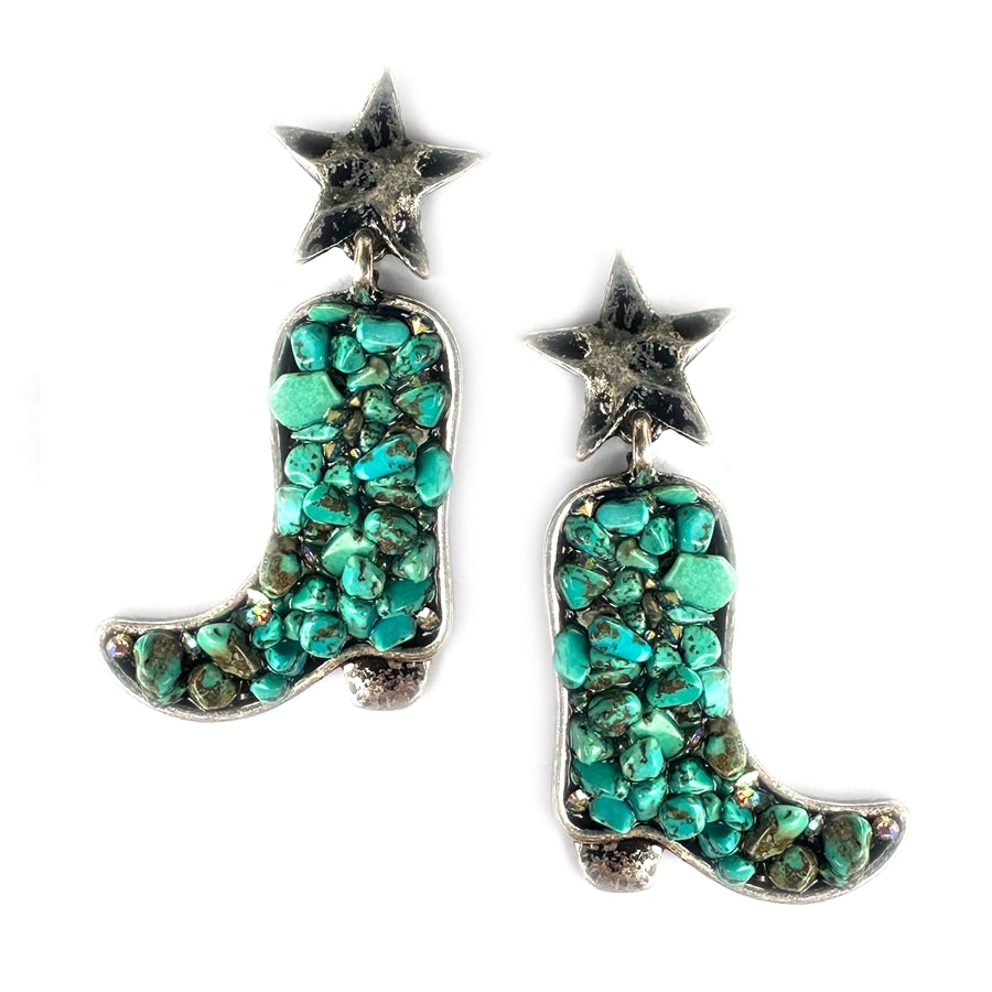 Tumbled Stone Cowboy Boot Earrings - Turquoise