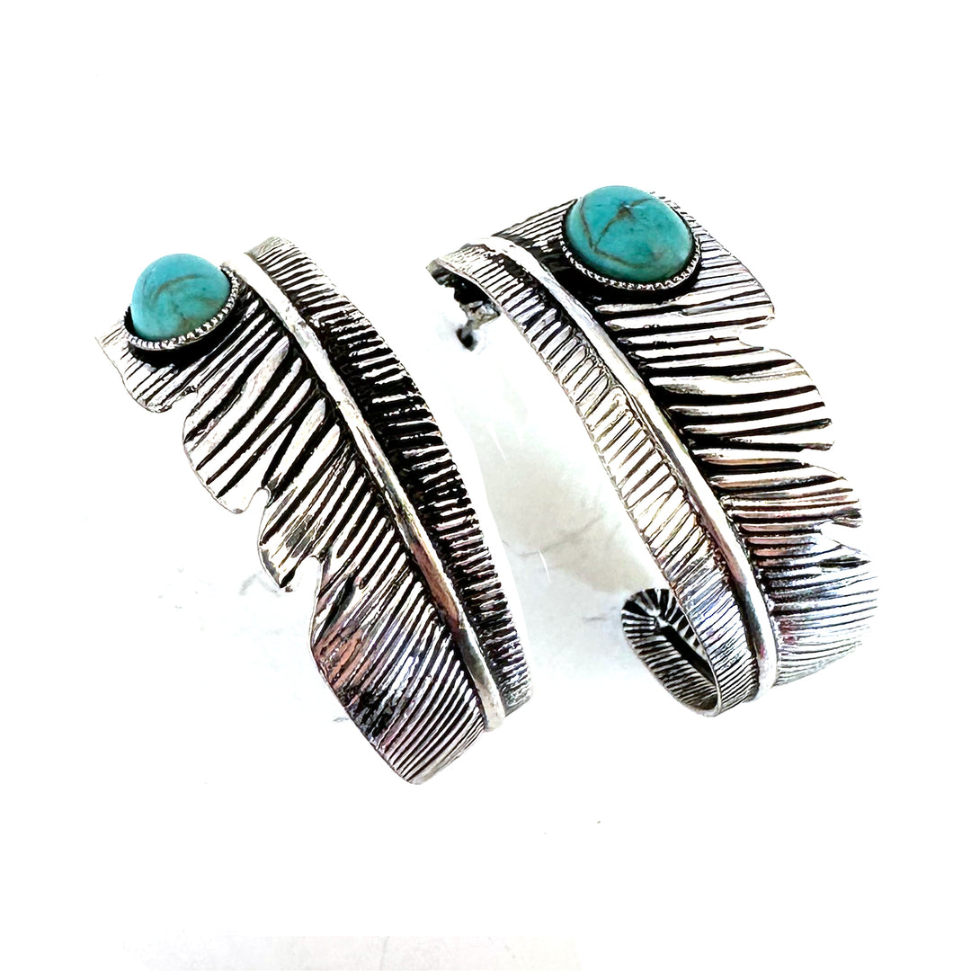 Feather Hoop with Turquoise Accent - Copper or Silver - Wyo-Horse - cheap cowgirl western fashion jewelry