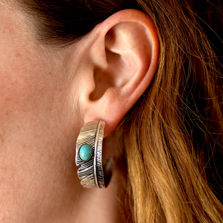 Feather Hoop with Turquoise Accent - Copper or Silver - Wyo-Horse - cheap cowgirl western fashion jewelry