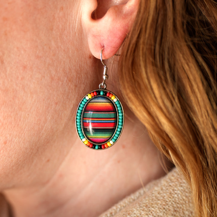 Seed Bead Oval Earrings - Leopard or Serape - Wyo-Horse - cheap cowgirl western fashion jewelry