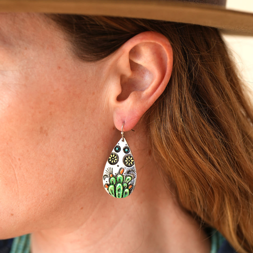 Painted Prickly Pear Earrings - Gold or Silver - Wyo-Horse - cheap cowgirl western fashion jewelry