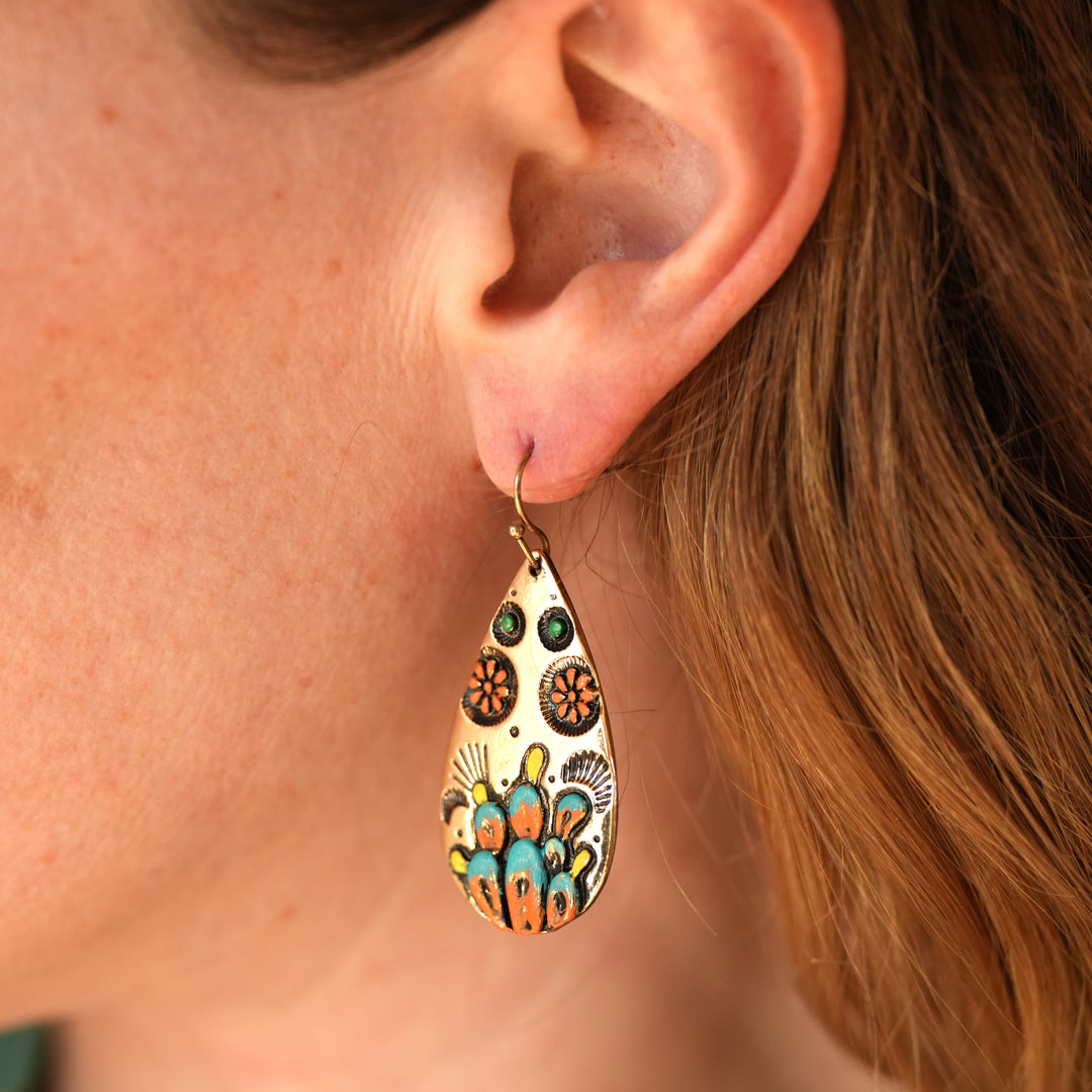 Painted Prickly Pear Earrings - Gold or Silver - Wyo-Horse - cheap cowgirl western fashion jewelry