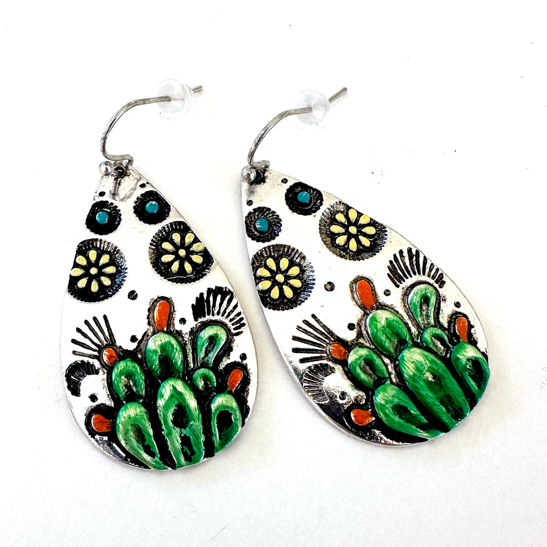 Painted Prickly Pear Earrings - Gold or Silver - Wyo-Horse - cheap cowgirl western fashion jewelry