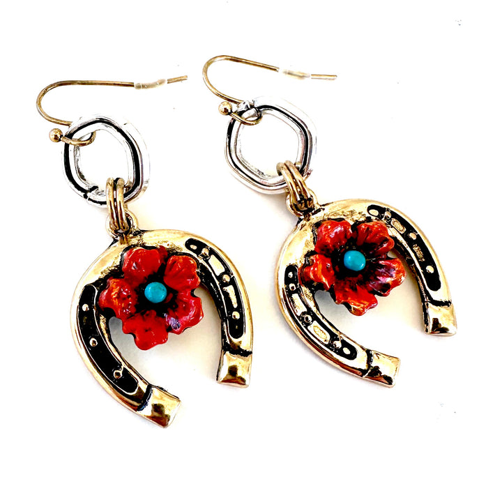 Hand Painted Horseshoe and Flower Earrings - Gold or Silver - Wyo-Horse - cheap cowgirl western fashion jewelry