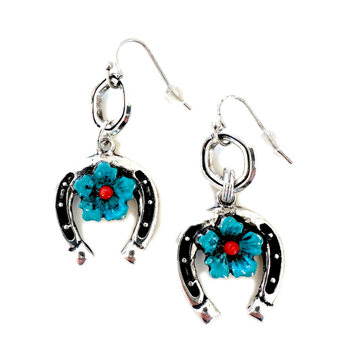 Hand Painted Horseshoe and Flower Earrings - Gold or Silver - Wyo-Horse - cheap cowgirl western fashion jewelry