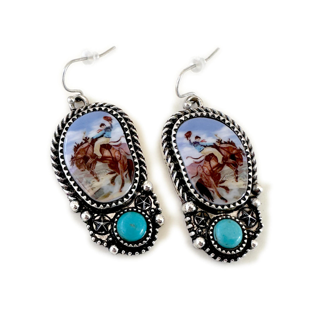Rodeo Bucking Horse Illustrated Earrings - Wyo-Horse - cheap cowgirl western fashion jewelry