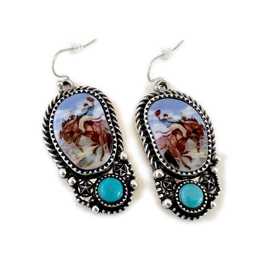 Rodeo Bucking Horse Illustrated Earrings - Wyo-Horse - cheap cowgirl western fashion jewelry
