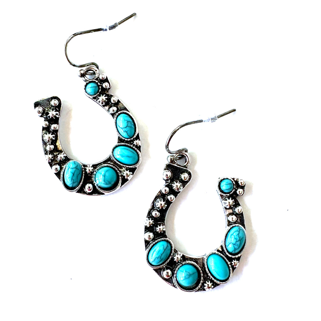 Turquoise Stoned Horseshoe Earrings - Wyo-Horse - cheap cowgirl western fashion jewelry