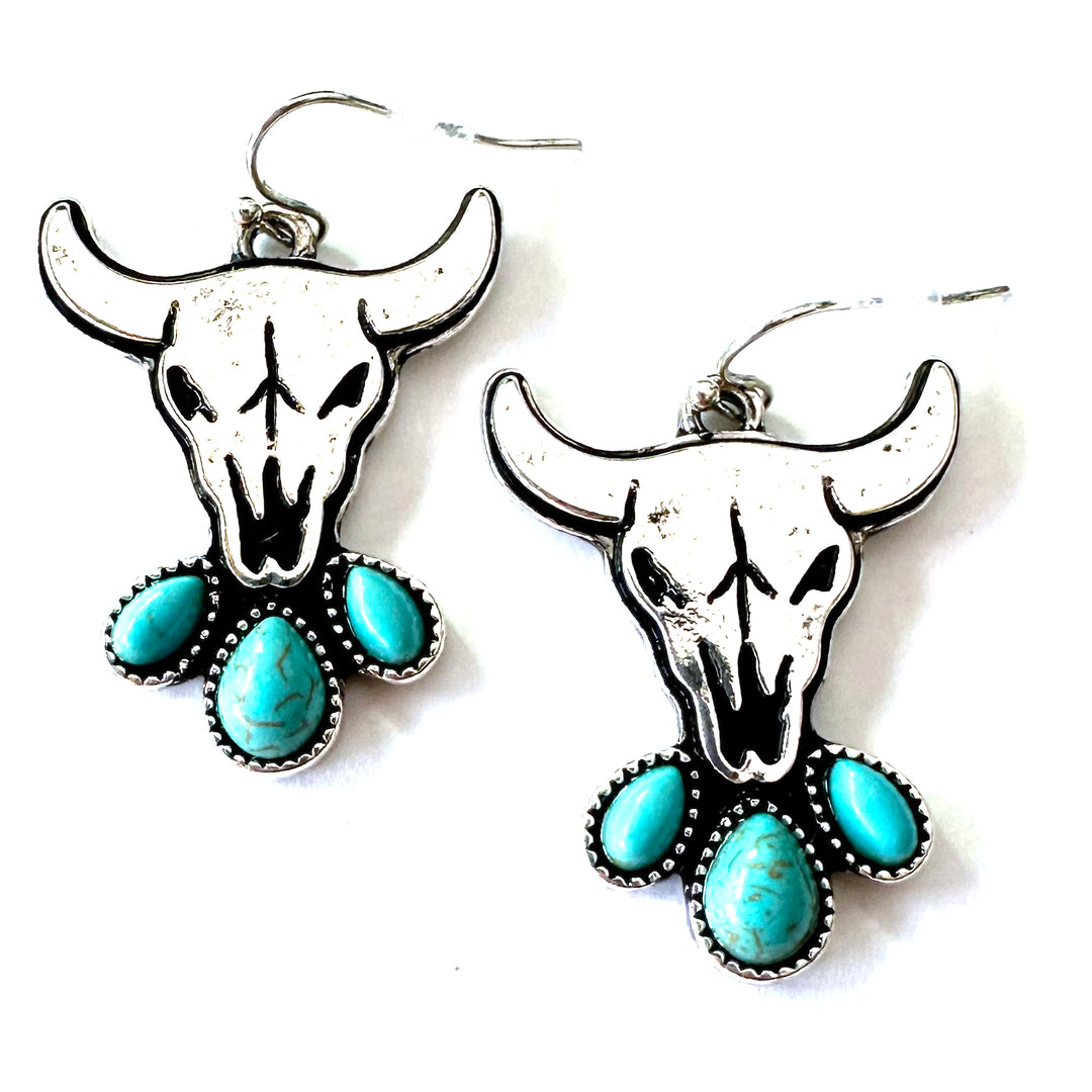 Steer Head with 3 Turquoise Stones Earrings - Wyo-Horse - cheap cowgirl western fashion jewelry