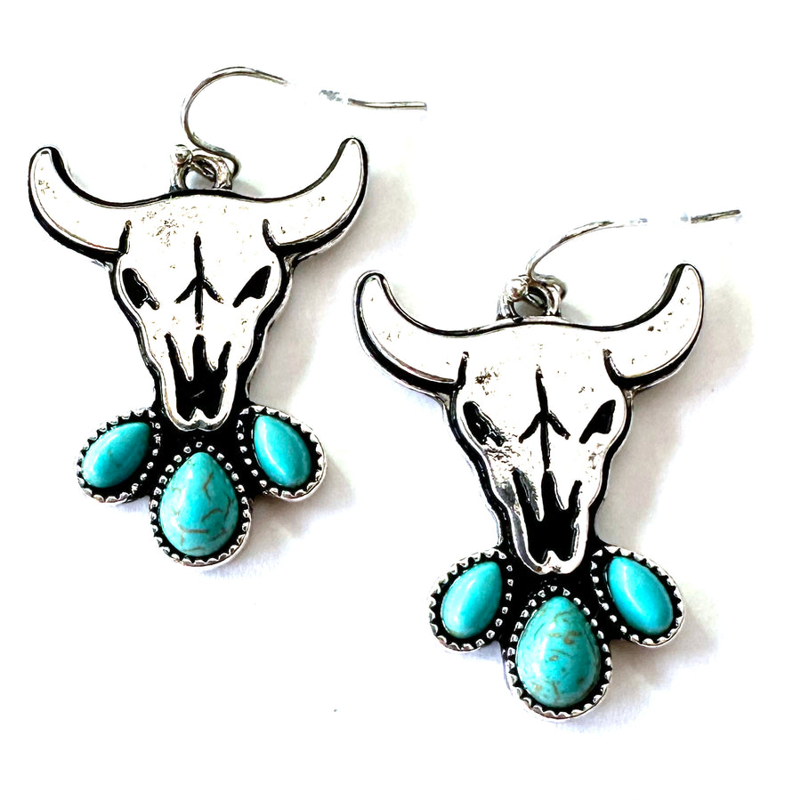 Steer Head with 3 Turquoise Stones Earrings - Wyo-Horse - cheap cowgirl western fashion jewelry