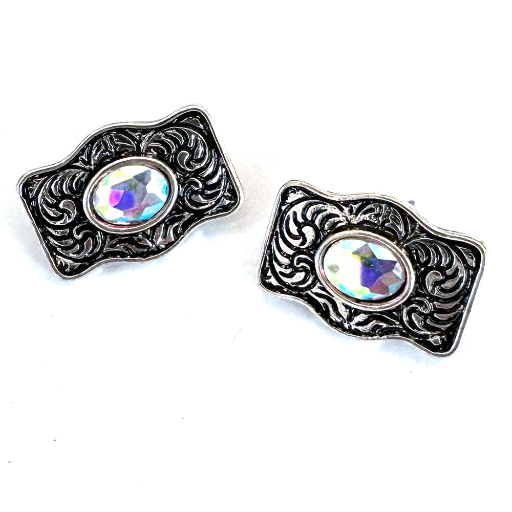 Small Buckle Earrings AB Rhinestone or Turquoise Stones - Wyo-Horse - cheap cowgirl western fashion jewelry