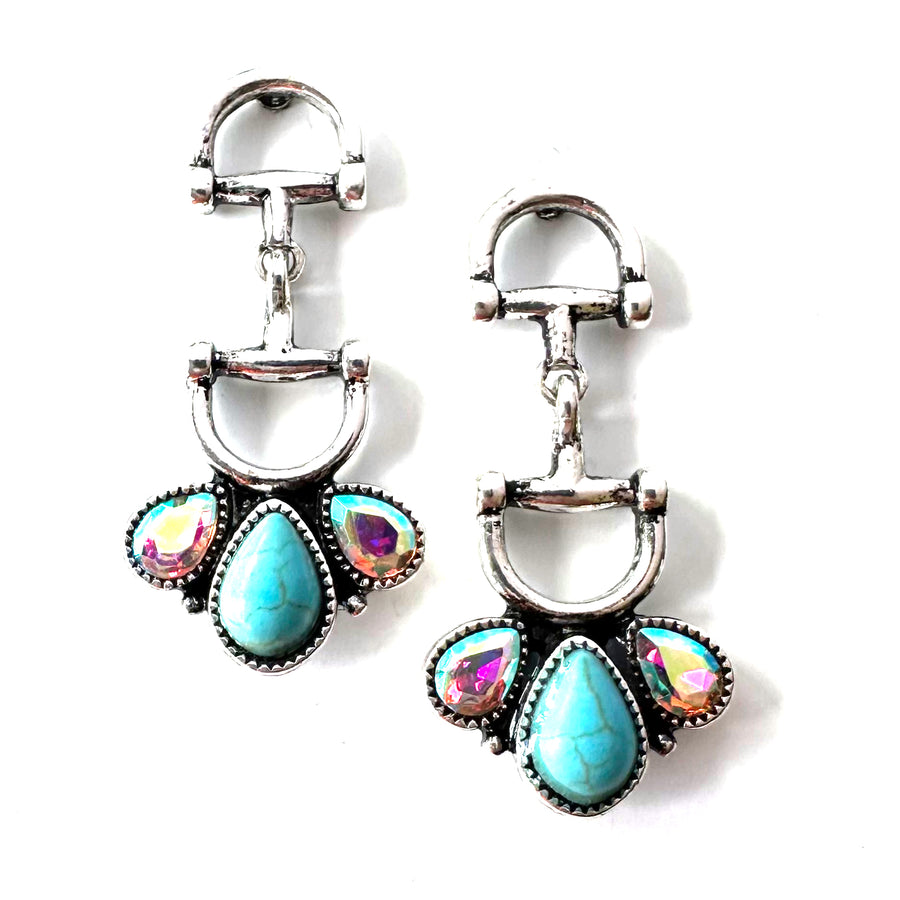 Snaffle Bit Earrings with Turquoise and AB Stones - Wyo-Horse - cheap cowgirl western fashion jewelry