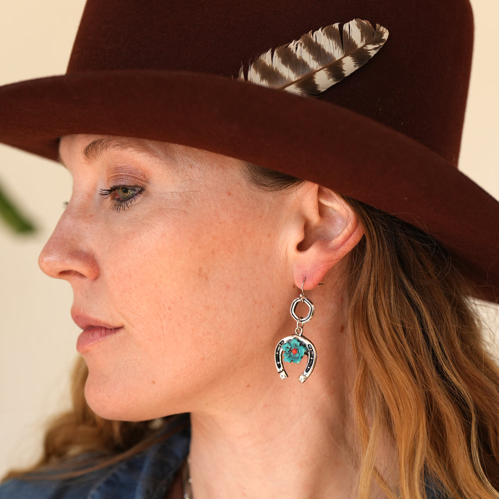 Hand Painted Horseshoe and Flower Earrings - Gold or Silver - Wyo-Horse - cheap cowgirl western fashion jewelry