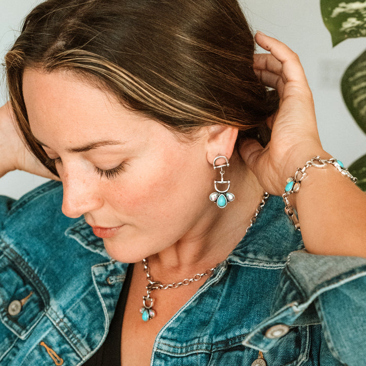 Snaffle Bit Earrings with Turquoise and AB Stones - Wyo-Horse - cheap cowgirl western fashion jewelry