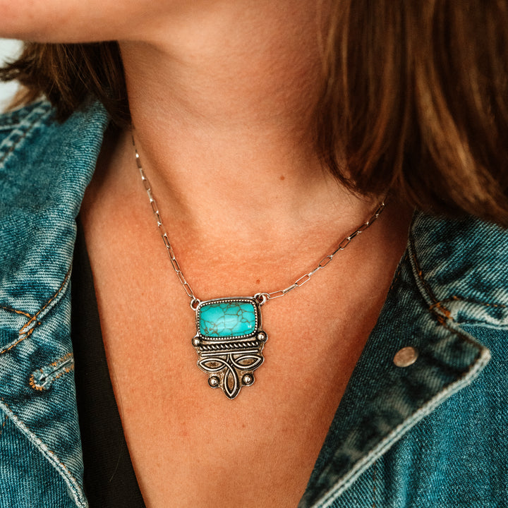 Square Turquoise and Silver Boot Stitch Double Neckace and Earring Set - Wyo-Horse - cheap cowgirl western fashion jewelry