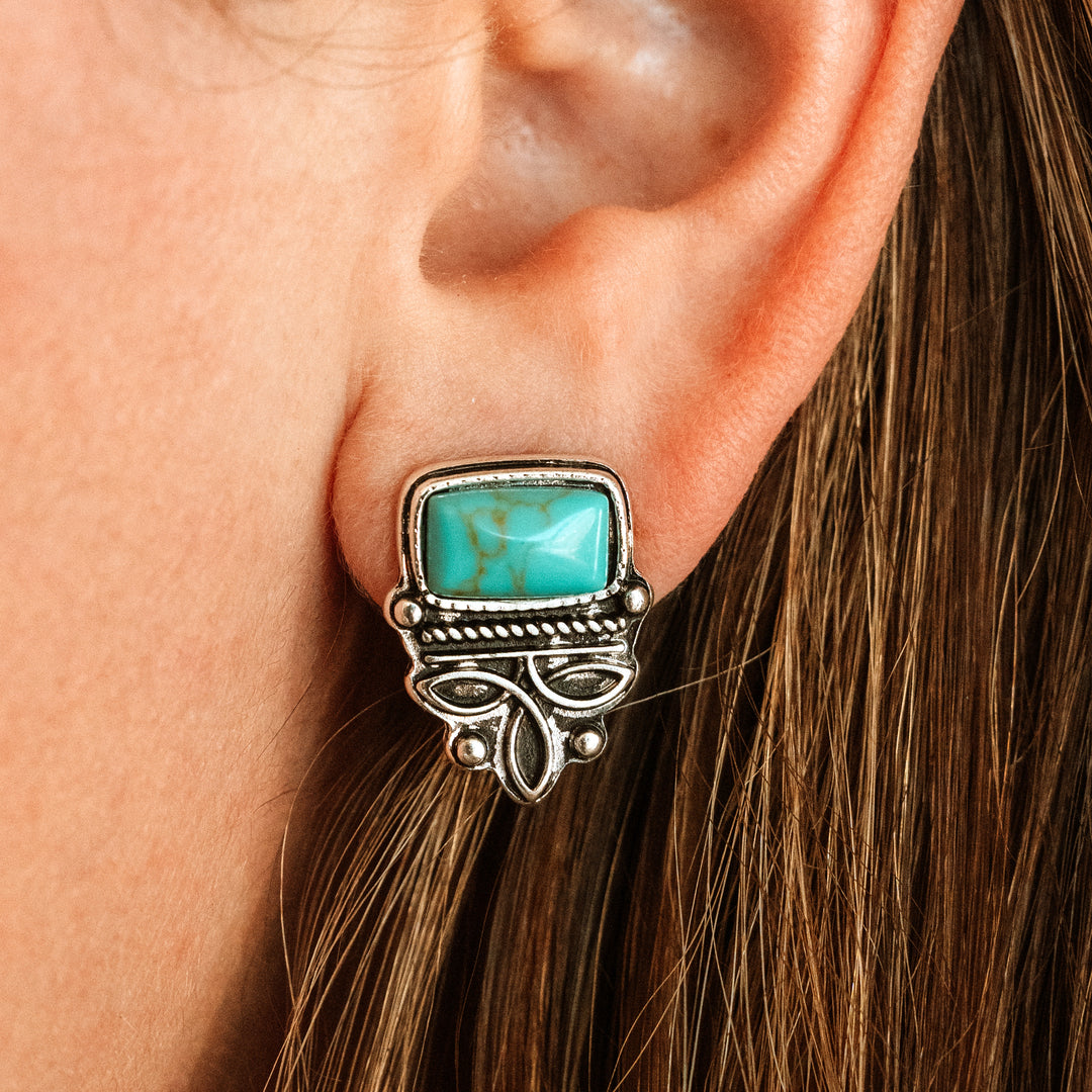 Square Turquoise and Silver Boot Stitch Double Neckace and Earring Set - Wyo-Horse - cheap cowgirl western fashion jewelry