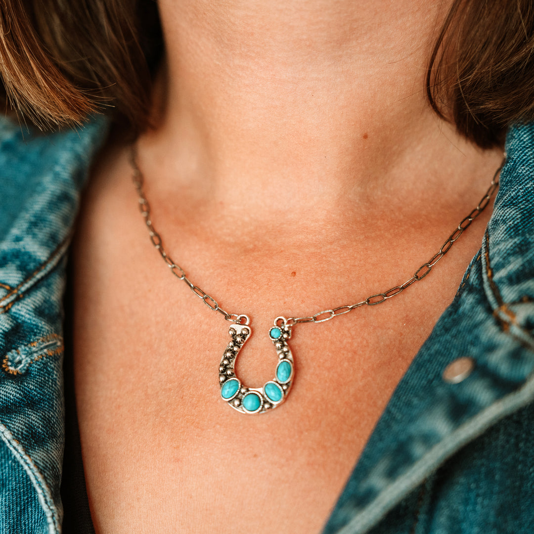 Turquoise Stoned Horseshoe Necklace - Wyo-Horse - cheap cowgirl western fashion jewelry