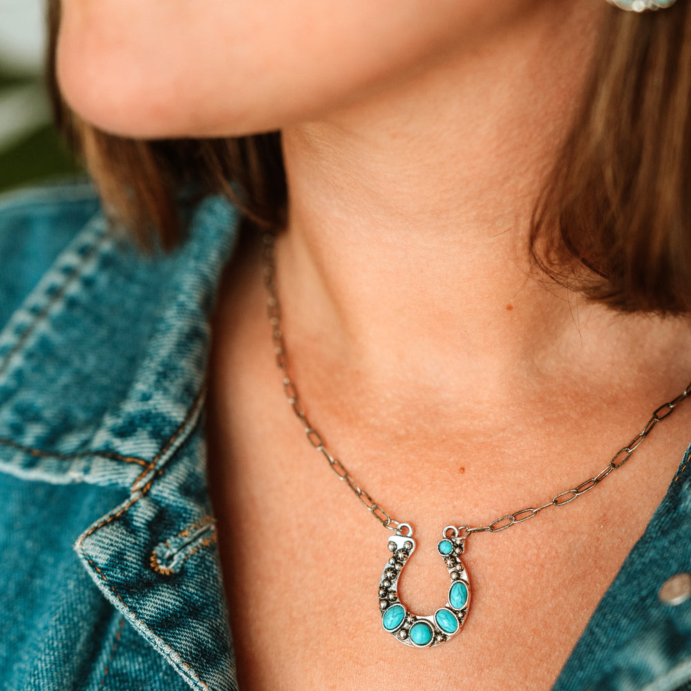 Turquoise Stoned Horseshoe Necklace - Wyo-Horse - cheap cowgirl western fashion jewelry