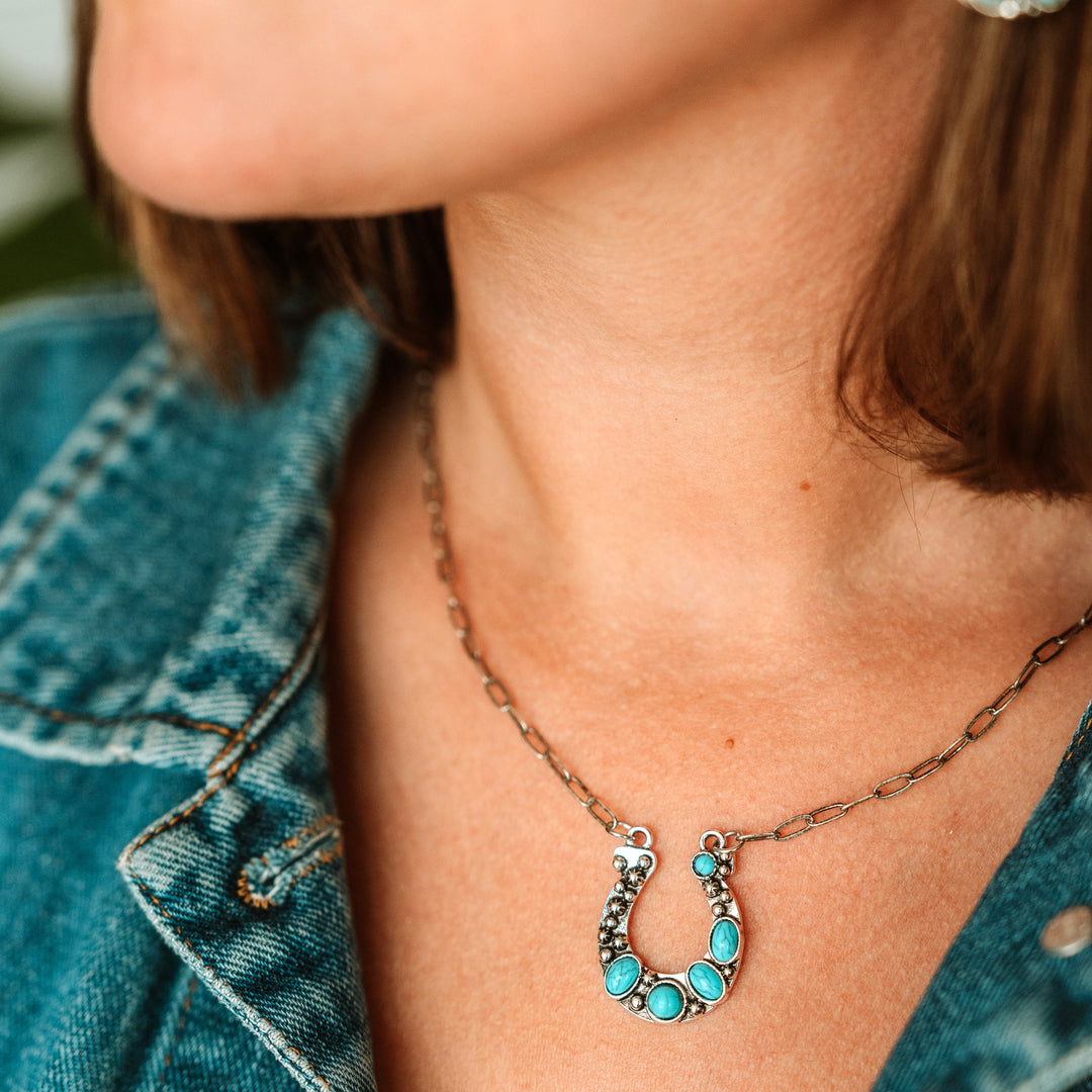 Turquoise Stoned Horseshoe Necklace - Wyo-Horse - cheap cowgirl western fashion jewelry