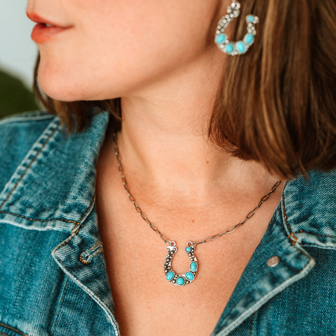 Turquoise Stoned Horseshoe Necklace - Wyo-Horse - cheap cowgirl western fashion jewelry