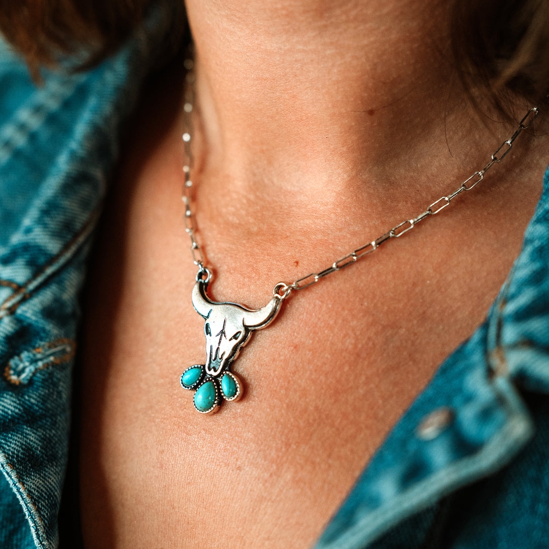 Steer Head with 3 Turquoise Stones Necklace - Wyo-Horse - cheap cowgirl western fashion jewelry