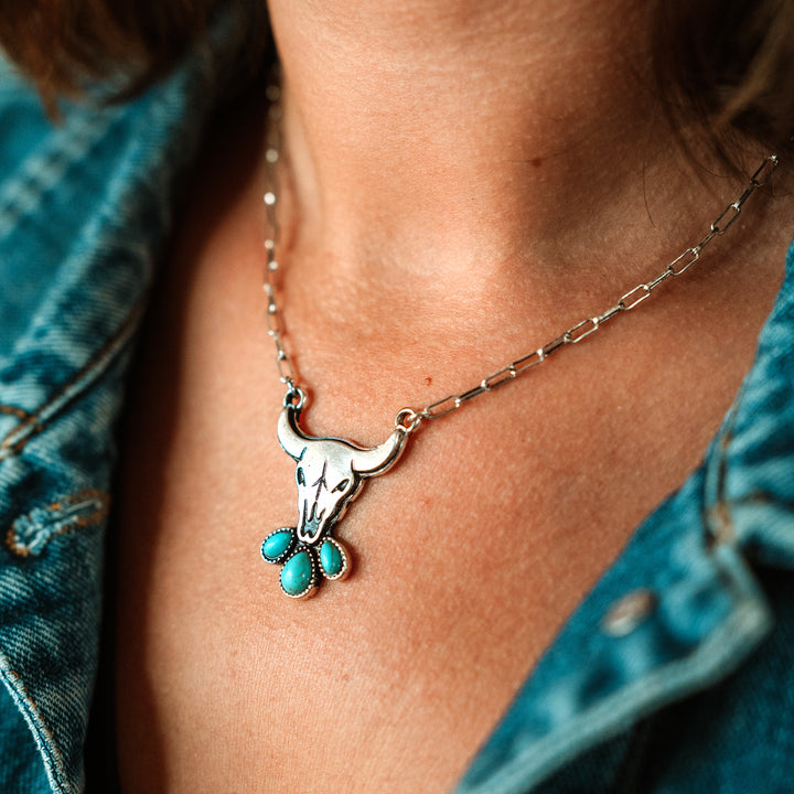 Steer Head with 3 Turquoise Stones Necklace - Wyo-Horse - cheap cowgirl western fashion jewelry