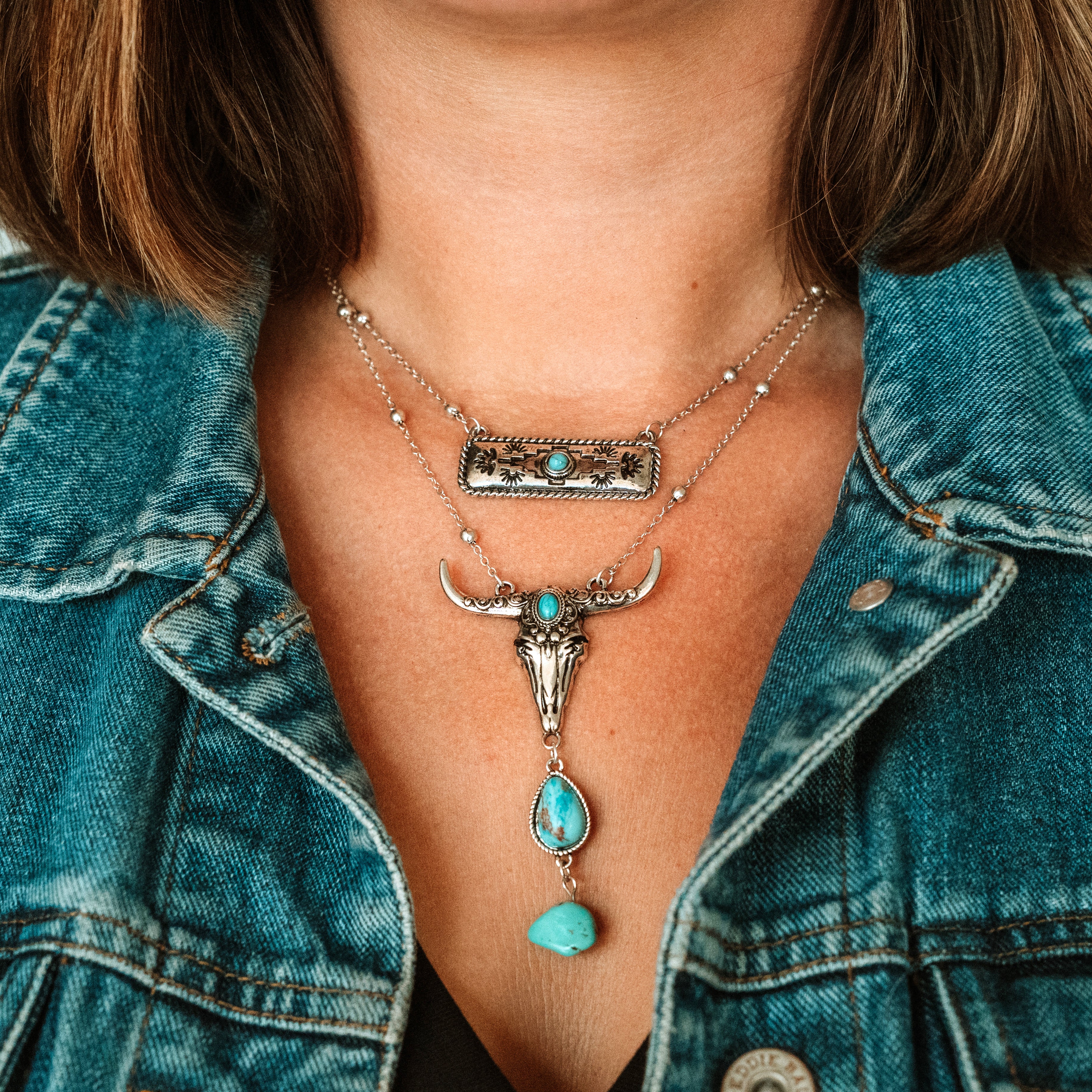 Double Layered Longhorn Charm Necklace - Wyo-Horse - cheap cowgirl western fashion jewelry