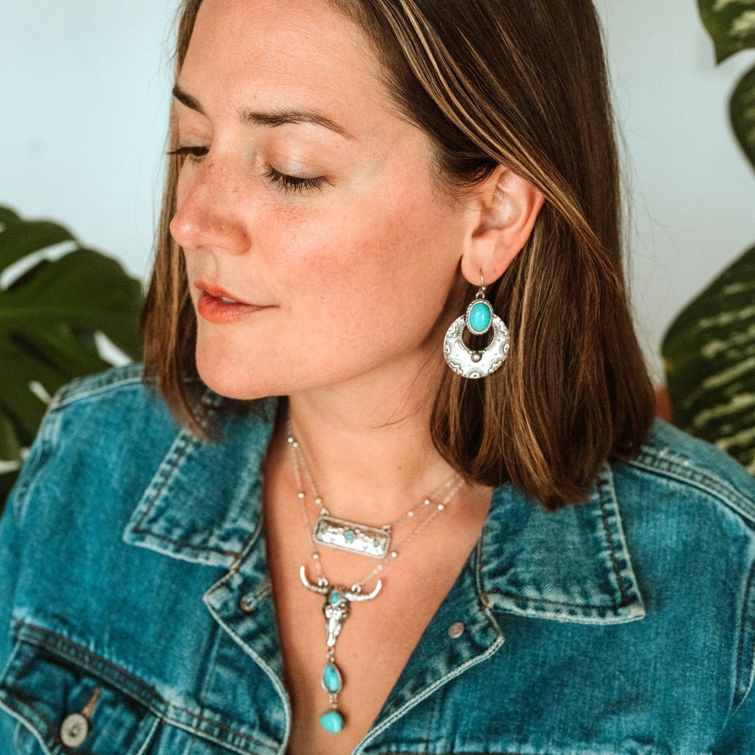 Fan Shape Turquoise Dangle Earrings - Wyo-Horse - cheap cowgirl western fashion jewelry