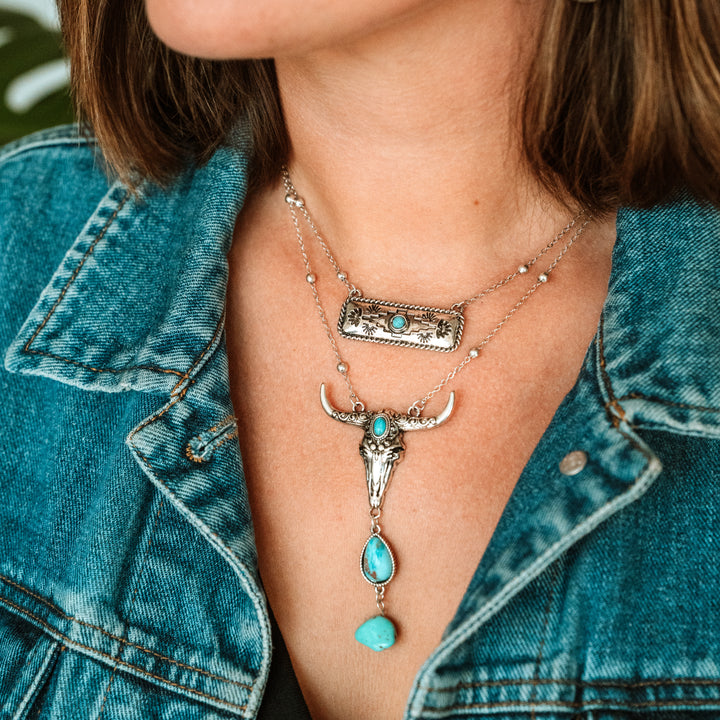Double Layered Longhorn Charm Necklace - Wyo-Horse - cheap cowgirl western fashion jewelry