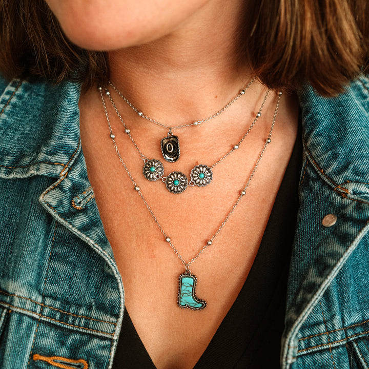 Triple Layered Western Charm Turquoise Necklace - Wyo-Horse - cheap cowgirl western fashion jewelry