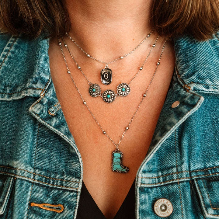 Triple Layered Western Charm Turquoise Necklace - Wyo-Horse - cheap cowgirl western fashion jewelry