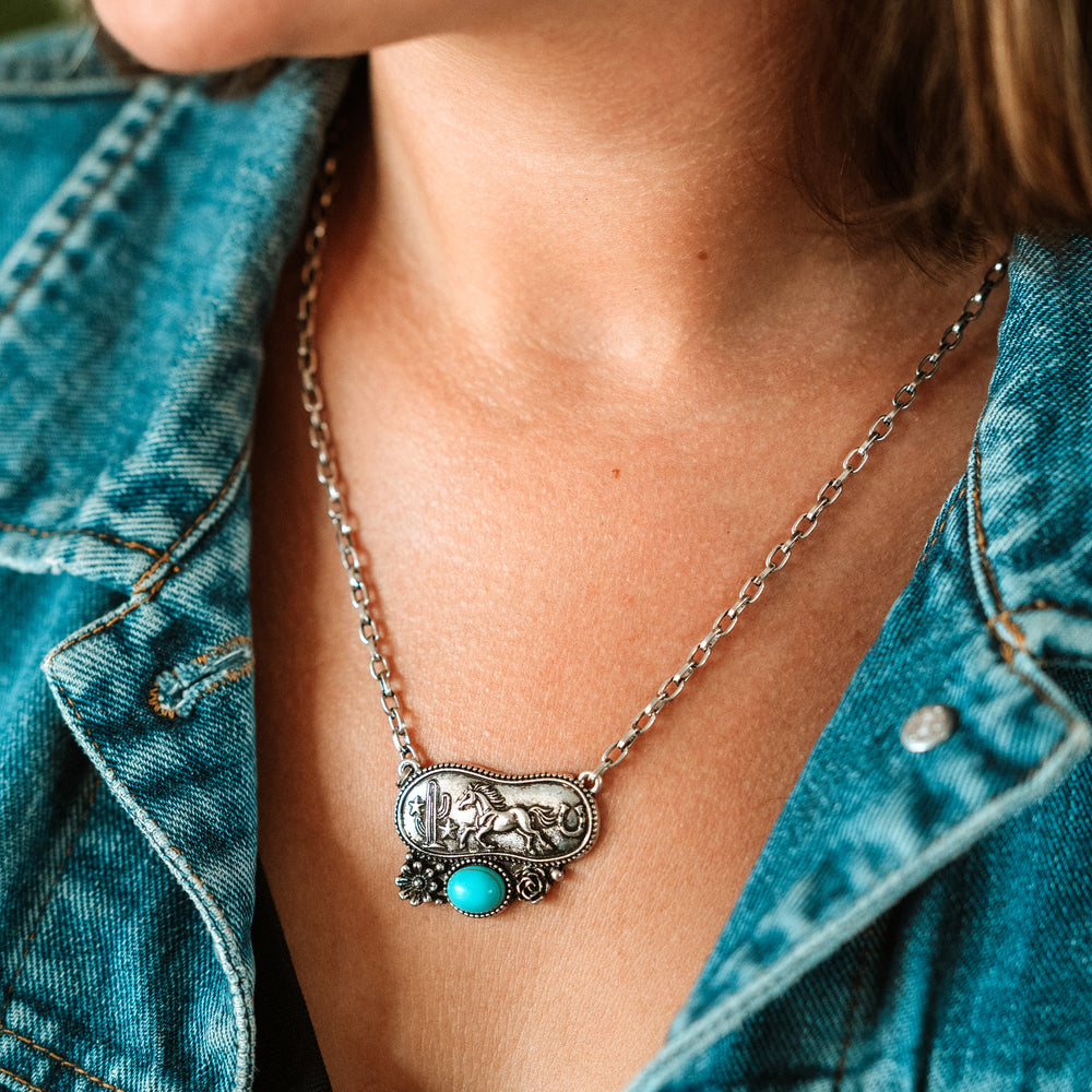Traditional Western Running Horse Scene Buckle Necklace Set - Wyo-Horse - cheap cowgirl western fashion jewelry