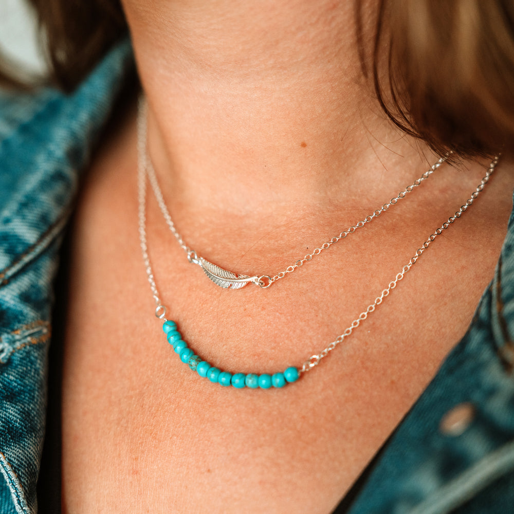 Delicate Feather Layered Small Bead Necklace Silver/Turquoise - Wyo-Horse - cheap cowgirl western fashion jewelry