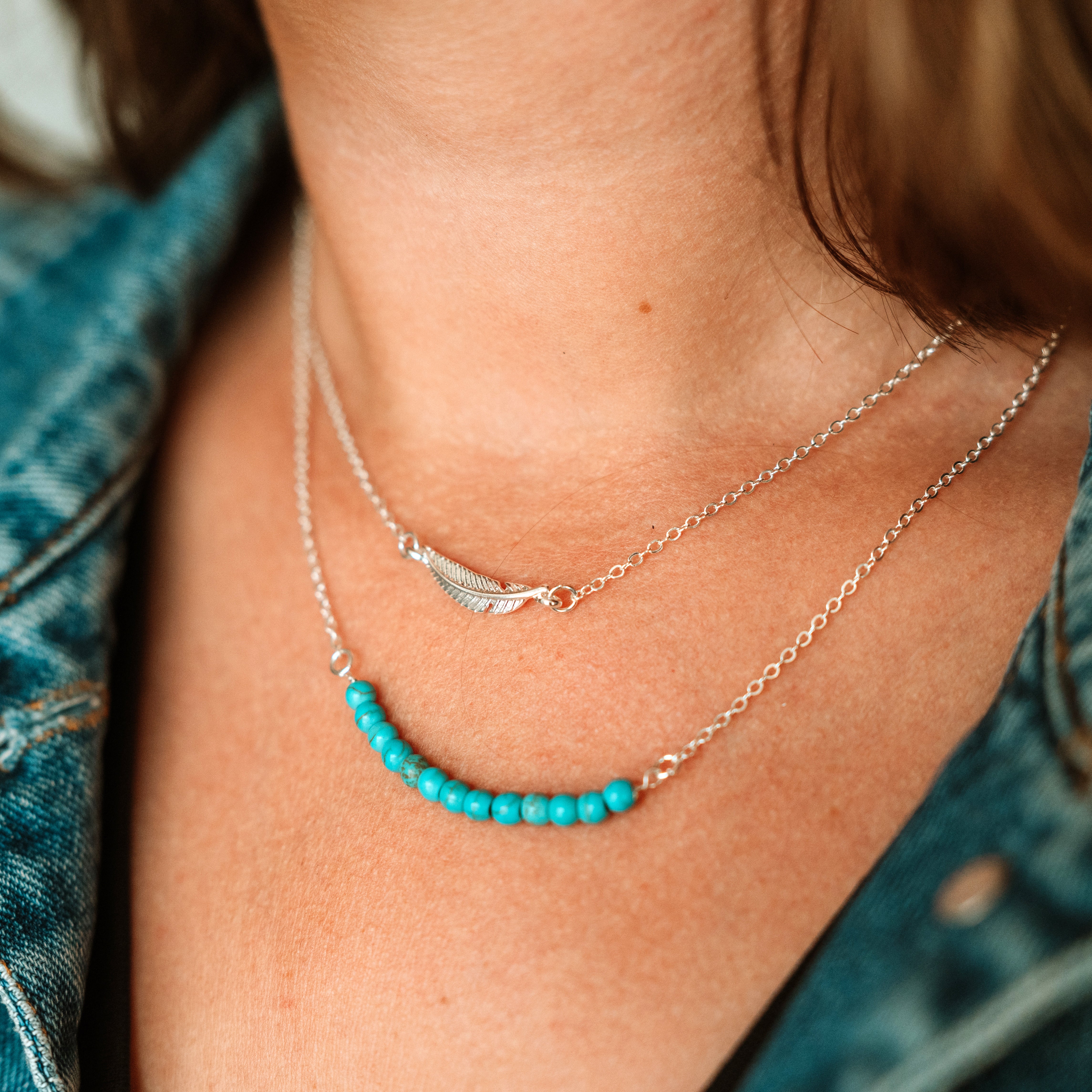 Delicate Feather Layered Small Bead Necklace Silver/Turquoise - Wyo-Horse - cheap cowgirl western fashion jewelry