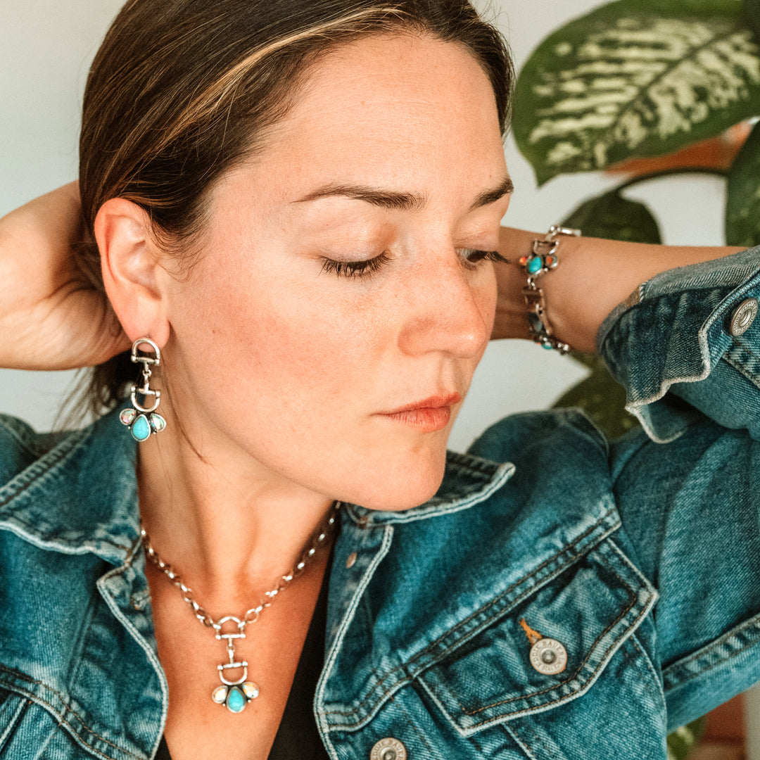 Snaffle Bit Earrings with Turquoise and AB Stones - Wyo-Horse - cheap cowgirl western fashion jewelry