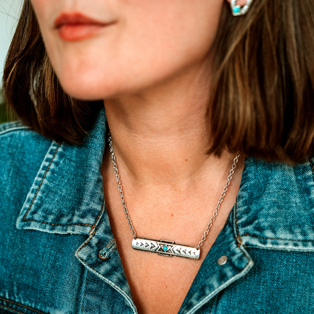 Delta Patterned Silver Bar Necklace - Wyo-Horse - cheap cowgirl western fashion jewelry