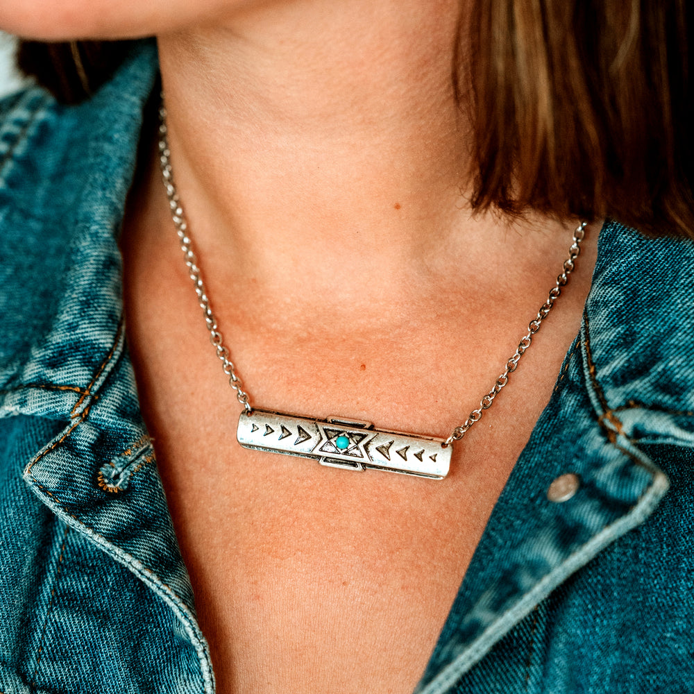 Delta Patterned Silver Bar Necklace - Wyo-Horse - cheap cowgirl western fashion jewelry