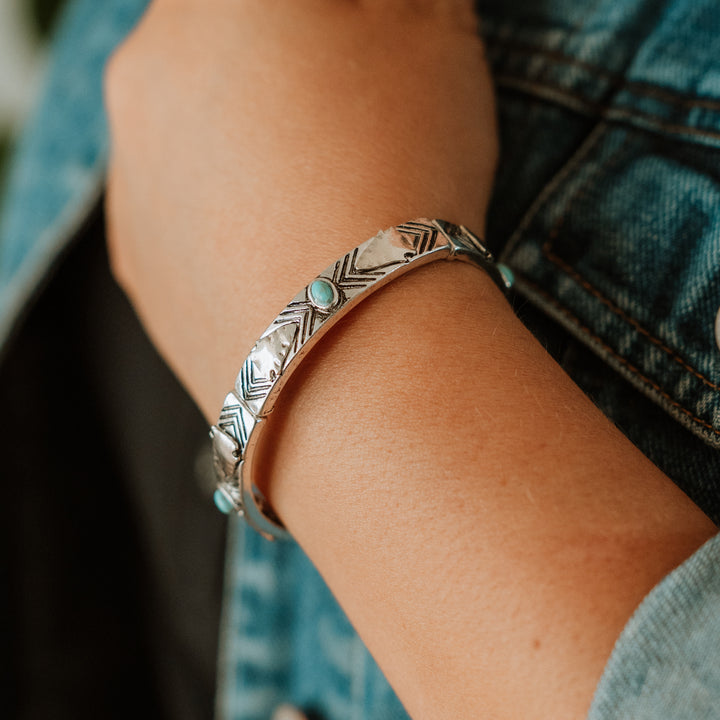 Stretch Arrow Bracelet with Turquoise- Two Tone, Silver or Patina - Wyo-Horse - cheap cowgirl western fashion jewelry