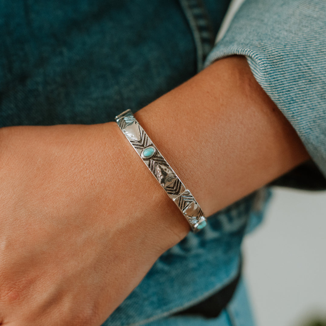 Stretch Arrow Bracelet with Turquoise- Two Tone, Silver or Patina - Wyo-Horse - cheap cowgirl western fashion jewelry