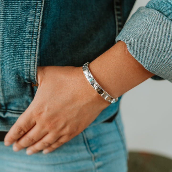 Stretch Arrow Bracelet with Turquoise- Two Tone, Silver or Patina - Wyo-Horse - cheap cowgirl western fashion jewelry