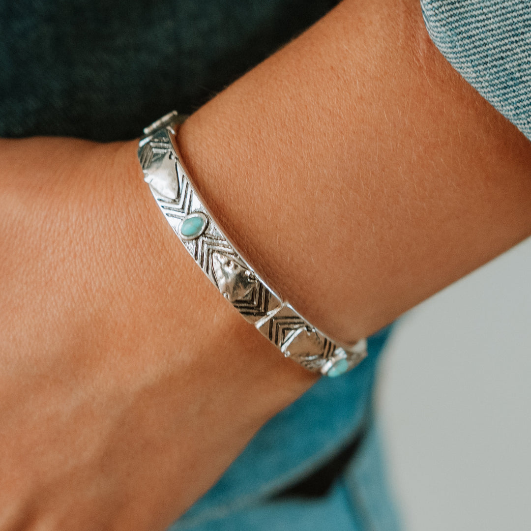 Stretch Arrow Bracelet with Turquoise- Two Tone, Silver or Patina - Wyo-Horse - cheap cowgirl western fashion jewelry