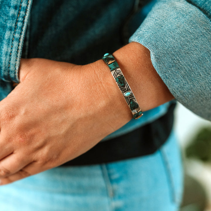 Stretch Arrow Bracelet with Turquoise- Two Tone, Silver or Patina - Wyo-Horse - cheap cowgirl western fashion jewelry