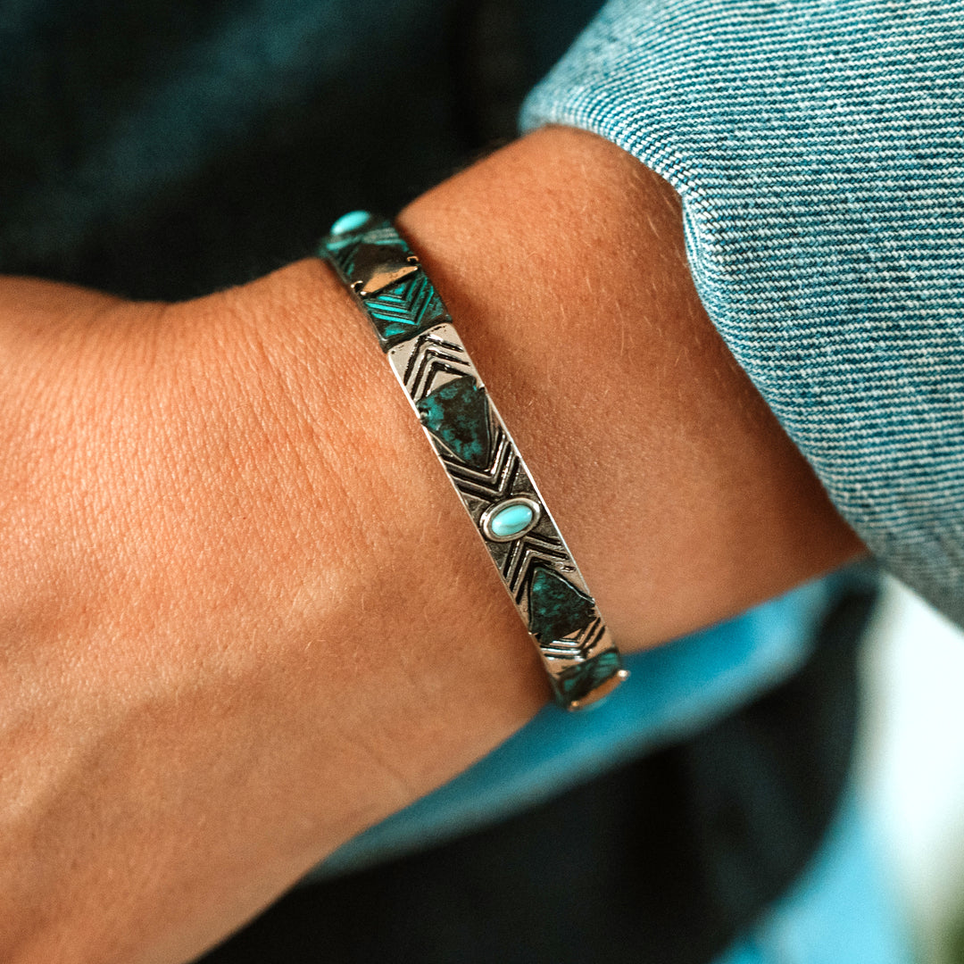 Stretch Arrow Bracelet with Turquoise- Two Tone, Silver or Patina - Wyo-Horse - cheap cowgirl western fashion jewelry