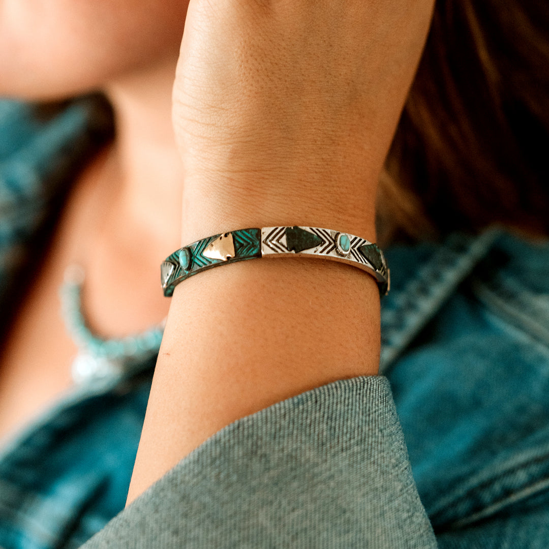 Stretch Arrow Bracelet with Turquoise- Two Tone, Silver or Patina - Wyo-Horse - cheap cowgirl western fashion jewelry