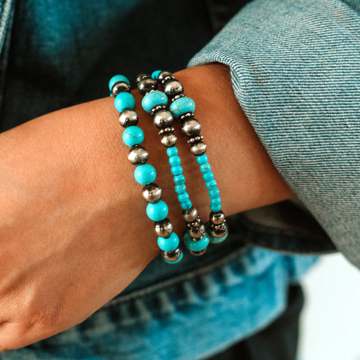 Triple Turquoise and Silver Stretch Bracelets - Wyo-Horse - cheap cowgirl western fashion jewelry