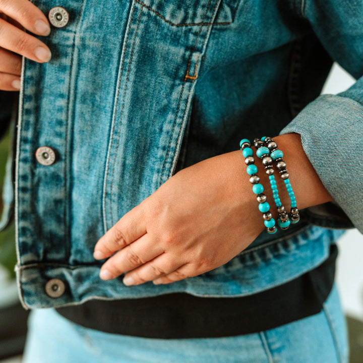 Triple Turquoise and Silver Stretch Bracelets - Wyo-Horse - cheap cowgirl western fashion jewelry