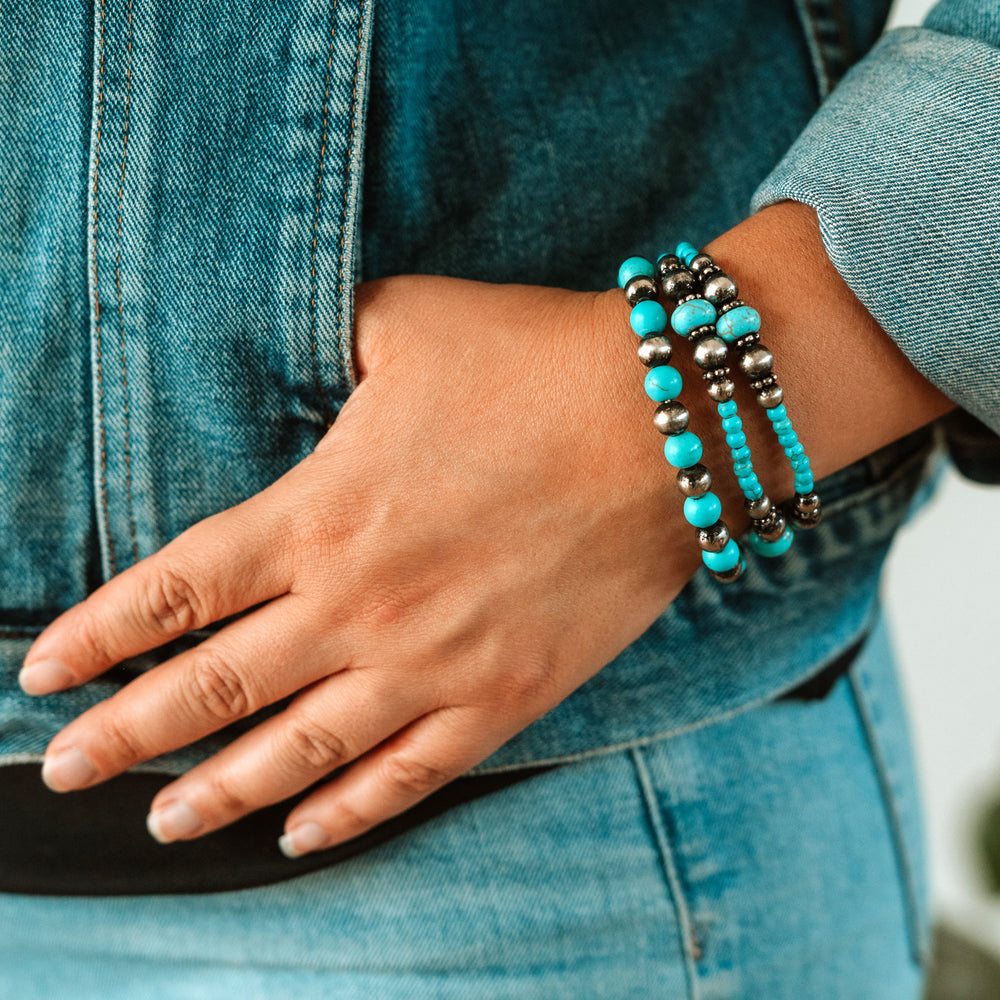 Triple Turquoise and Silver Stretch Bracelets - Wyo-Horse - cheap cowgirl western fashion jewelry